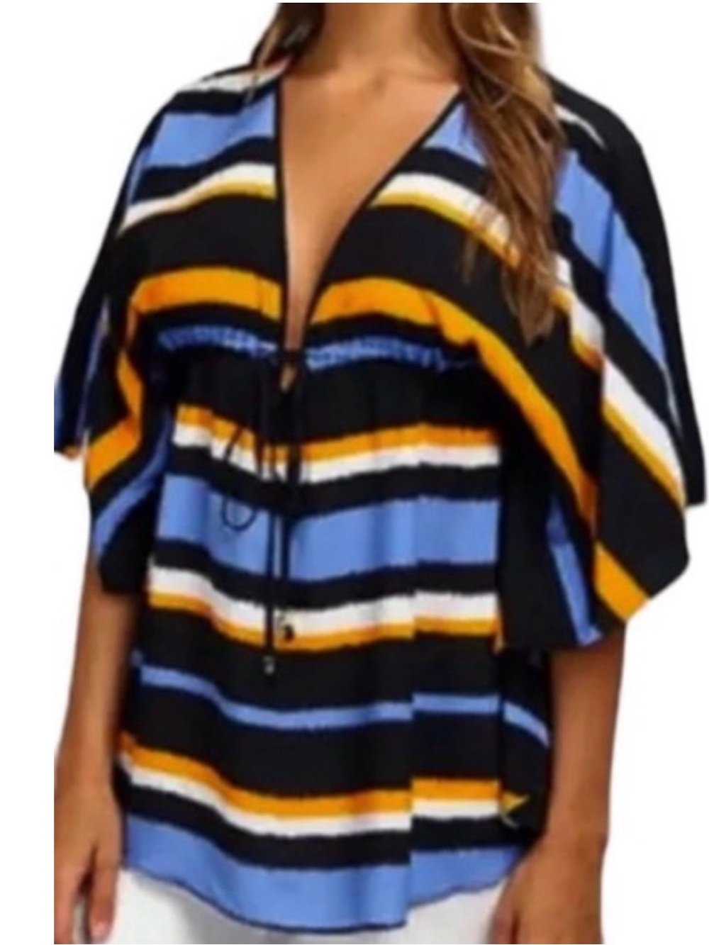 MICHAEL Michael Kors Dark Blue, Blue & Yellow Striped V-Neck Top